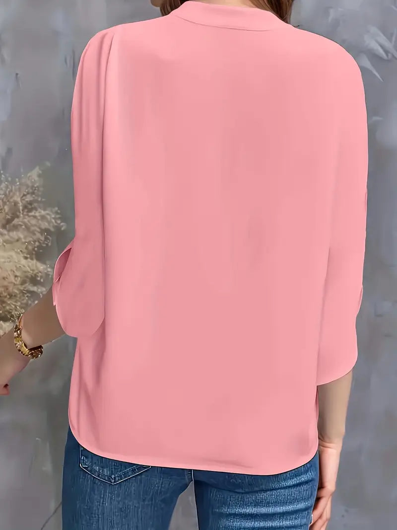 Mid-Sleeve Stand-Up Collar Top, Elegant Casual And Formal Wear, Sophisticated Flowing Silhouette