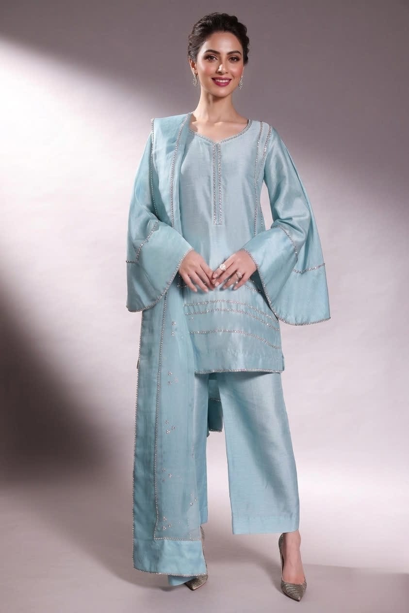 Trendy Armani Silk Culottes Suit With Swarovski Crystal Detailing.