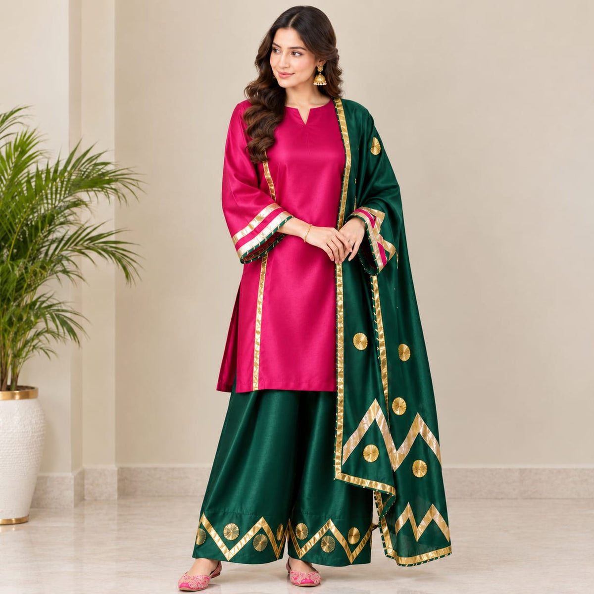 Fuchsia Pink & Bottle Green Gota Patti Festive Wear Suit