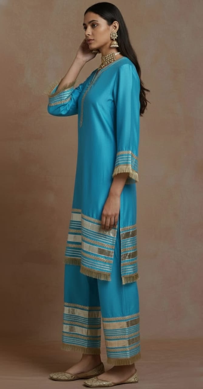 Elegant Red Chanderi Kurta – Traditional Straight-Cut Suit With Gold Gota Work, Lace Border, Flared Sleeves & Lined Finish