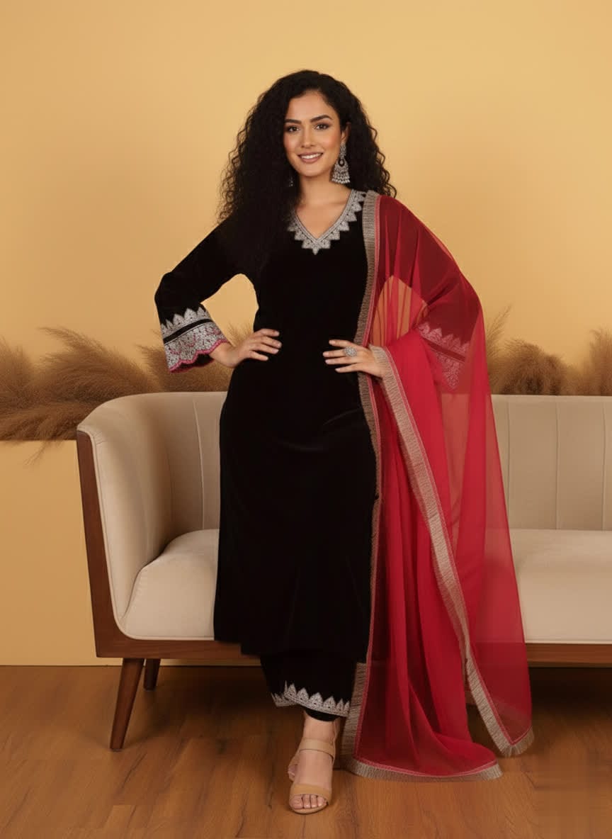 Elegant Designer Black Chiffon Silk Kurta Set With Lace Sleeves & Pink Organza Dupatta.