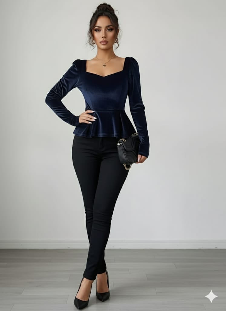 Elegant Velvet V-Neck Long Sleeve Top – Soft Button-Up Shirt With Ruffled Hem