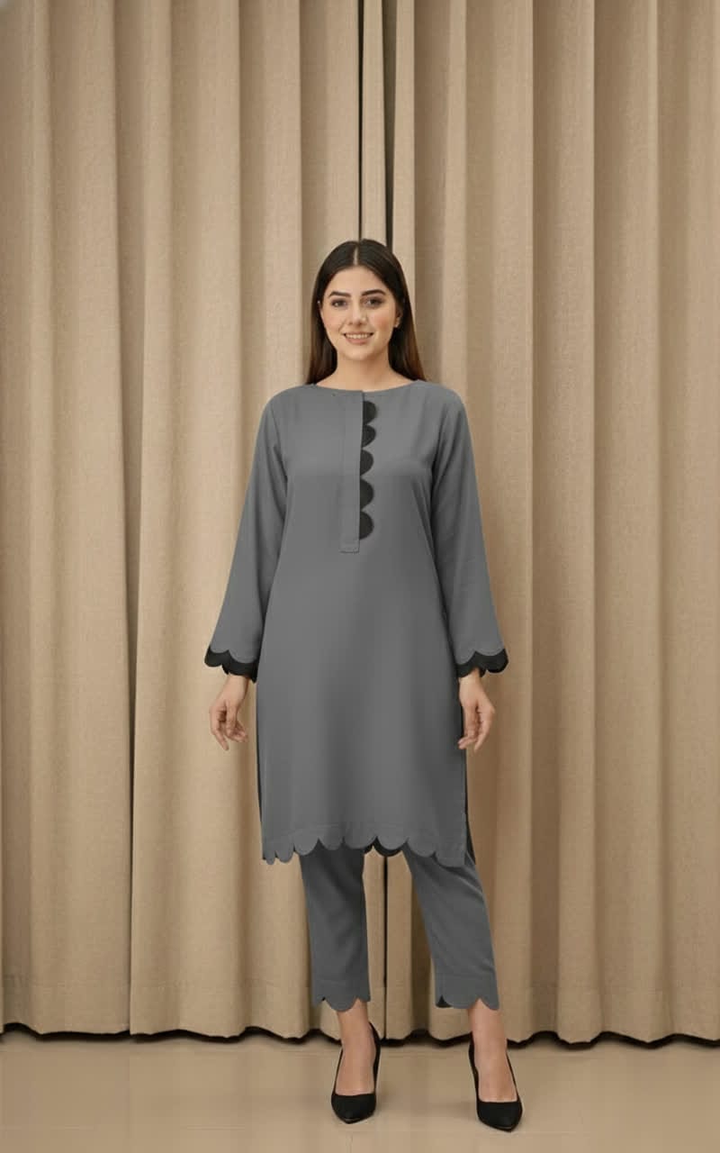Elegant Cotton 2-Piece Suit – Crew-Neck Chori Piping Shirt With Cutwork Sleeves & Reet Design Trouser | Latest Stylish Women’s Outfit.