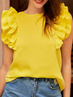 Elegant Ruffle Trim Blouse, Sleeveless Crew Neck Top, Non-Stretch Fabric, Casual & Dressy Outfit