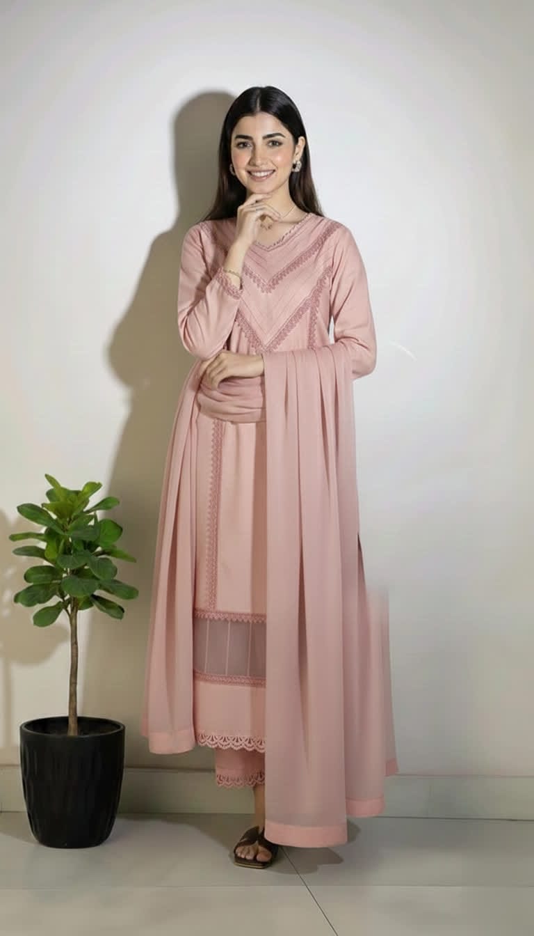 Cotton Lace Kurta Set For Women – 3 Piece Ethnic Suit With Chiffon Dupatta. |