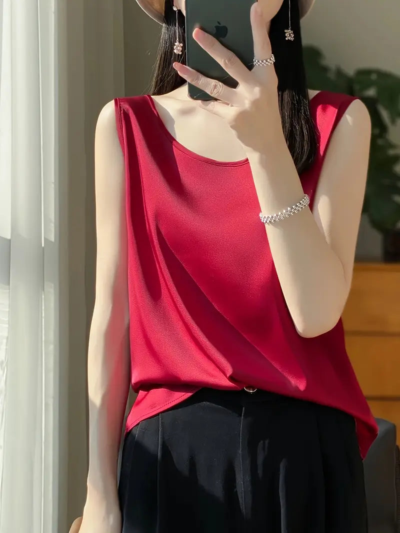 Elegant Low-Neck Sleeveless Tank Top – Semi-Sheer Stretchy Shirt, Layering Piece, Lightweight Top For Casual Wear
