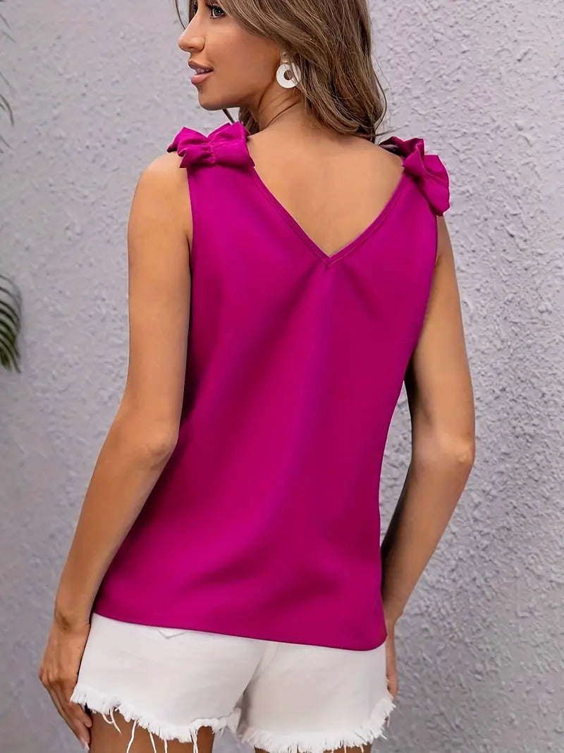 Elegant Sleeveless Blouse, V-Neck Solid Color Top With Glossy Finish And Ruffle Accent