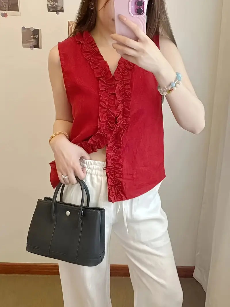 Elegant Red Lace Blouse, Sleeveless Top, Chic Age-Defying Lightweight Lace Design Shirt For Modern Fashion