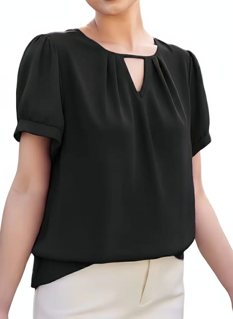 Women’s V-Neck Blouse, Loose Fit Short Sleeve Top With Glossy Fabric, Vintage Style