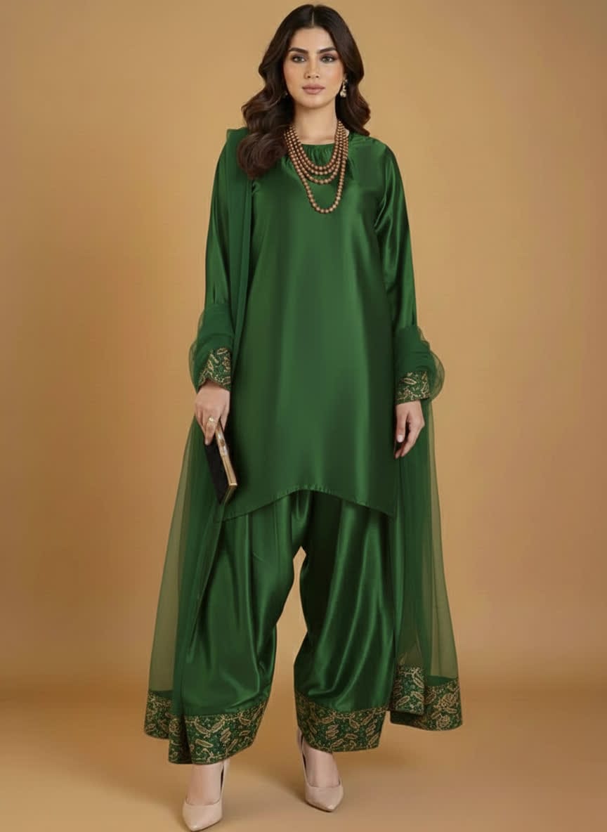 Elegant Three Piece Farshi Shalwar Suit For Women –  Latest Design Eastern Formal Wear