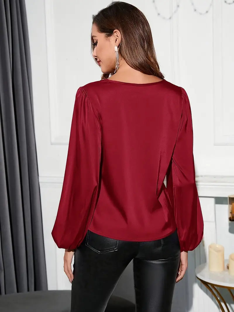 Women's Shiny Sequin V-Neck Puff Sleeve Blouse – Elegant Long Sleeve Deep Burgundy Sparkling Casual Glam Looks