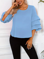 Women’s Fashion Three-Layer Sleeve Top – Elegant Round Neck Blouse, Lightweight, Flowy & Stylish Casual To Semi-Formal Wear Season