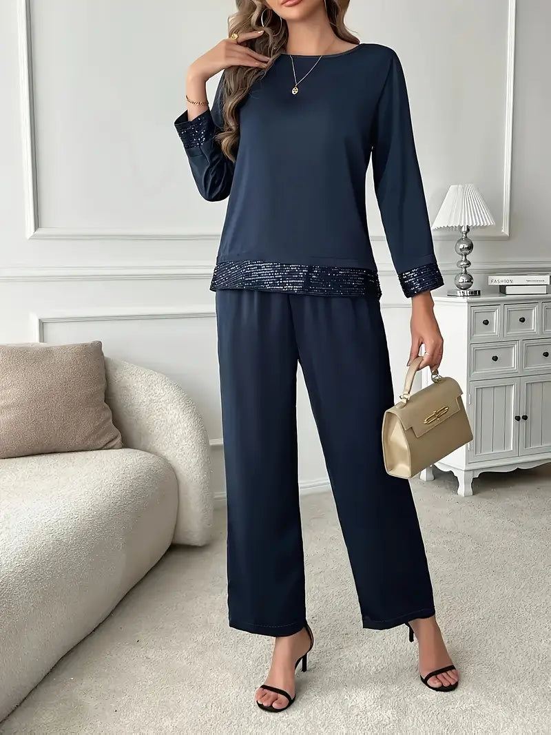 Elegant Two-Piece Set – Long Sleeve Lace Stitching Top & Matching Pants |Stylish, Comfortable and Classy Fashion Set