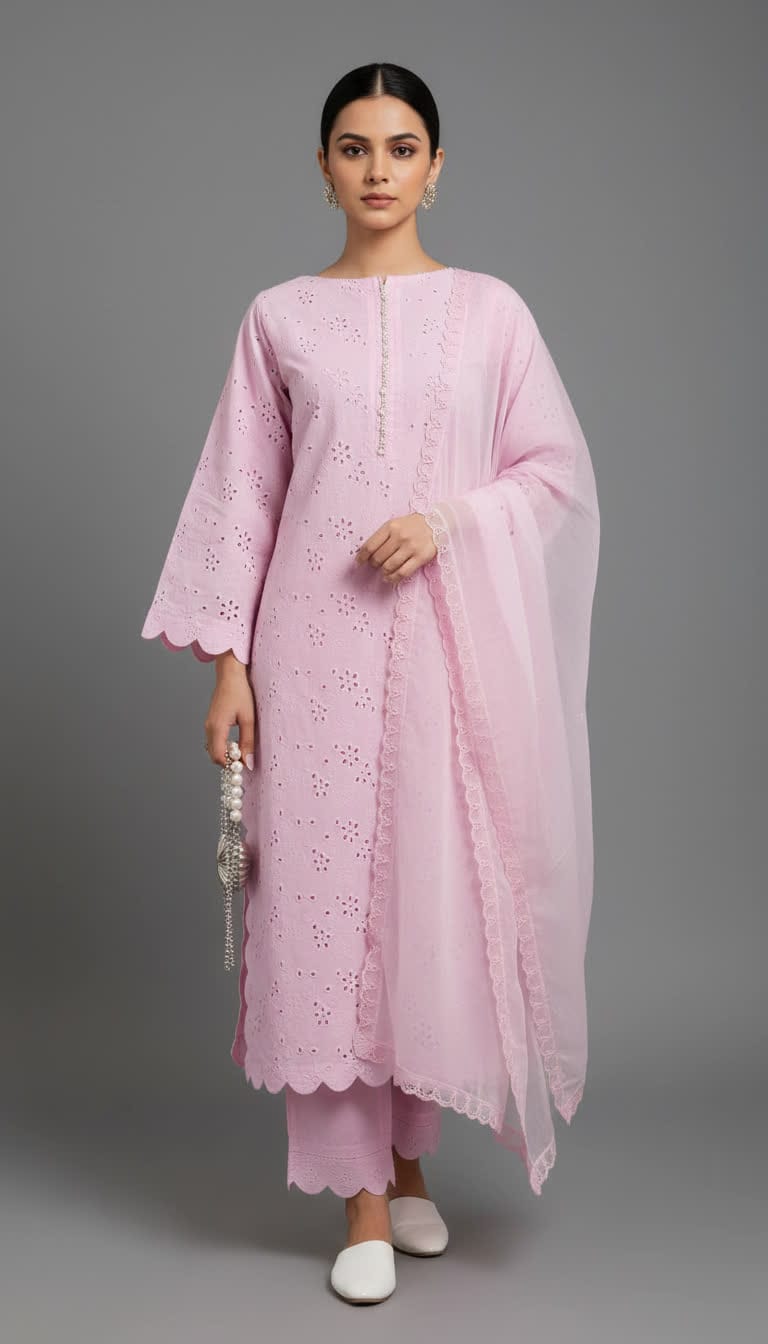 Premium Chikankari Salwar Kameez –  Long Shirt With Scallop Border, Cotton Trouser & Elegant Dupatta - New Light-Shade Collection For Women