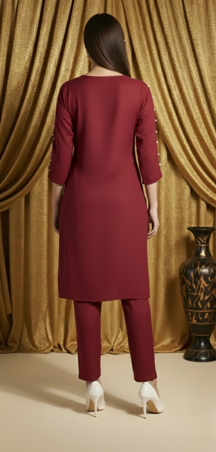 Sophisticated Pearl Detail Co-ord Set For Women, Elegant Shirt Pearl Work Top With Tailored Straight Pants.