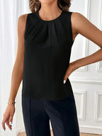 Ruffled Women’s Sleeveless Blouse, Elegant Crew Neck Top For Casual Outfits And Semi-Formal Occasions
