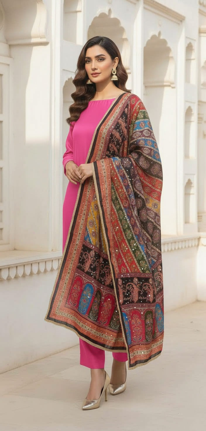 Colourful Ethnic Suit Set With Spectacular Embellished Mirrored Dupatta
