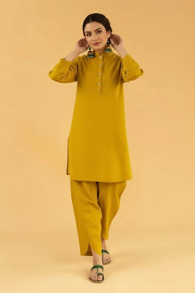 Mustard Yellow Women’s Two-Piece Set – Stylish Shirt & Straight Trouser For Casual & Office Wear