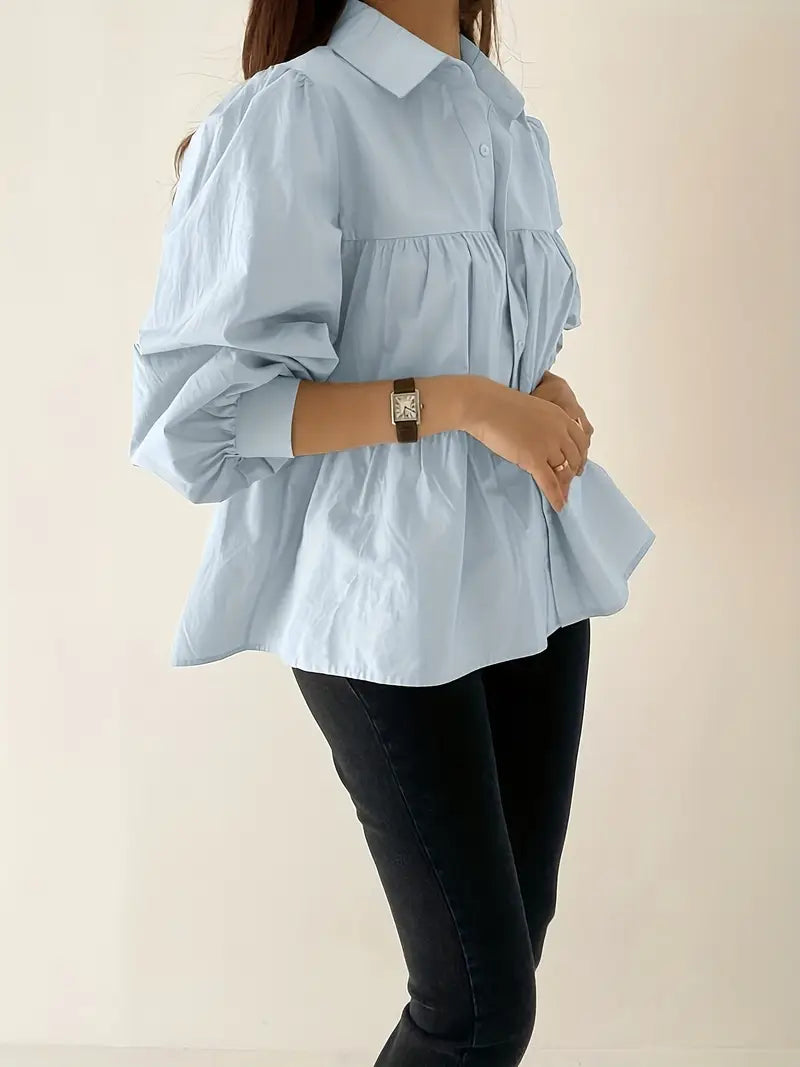 Elegant Puff Sleeve Blouse Single-Breasted Shirt With Stand Collar, Zip Placket, Professional Corporate Attire