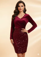 Elegant Sequin & Velvet Spliced Dress – V-Neck Short Sleeve A-Line Party Gown, Floor-Length Formal Dress For Women Evening Wear, Sophisticated Bridal Attire