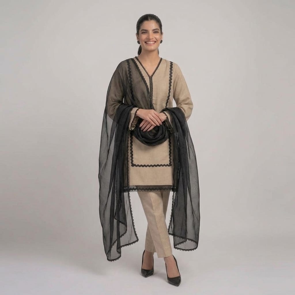 Beige Straight Kurta With Black Zig-Zag Lace