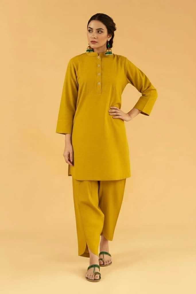 Mustard Yellow Women’s Two-Piece Set – Stylish Shirt & Straight Trouser For Casual & Office Wear