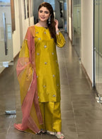 Lime Green Hand Embellished Satin Silk Suit