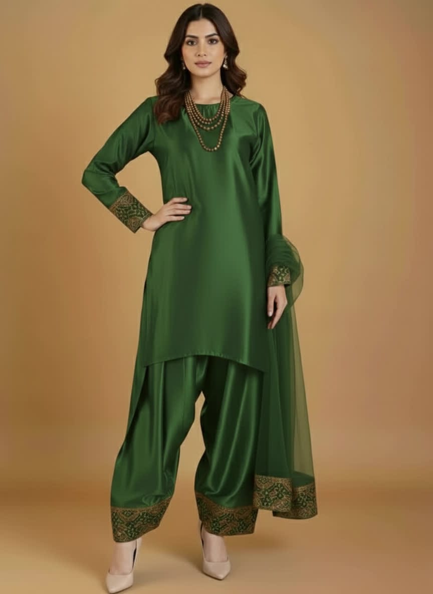 Elegant Three Piece Farshi Shalwar Suit For Women –  Latest Design Eastern Formal Wear