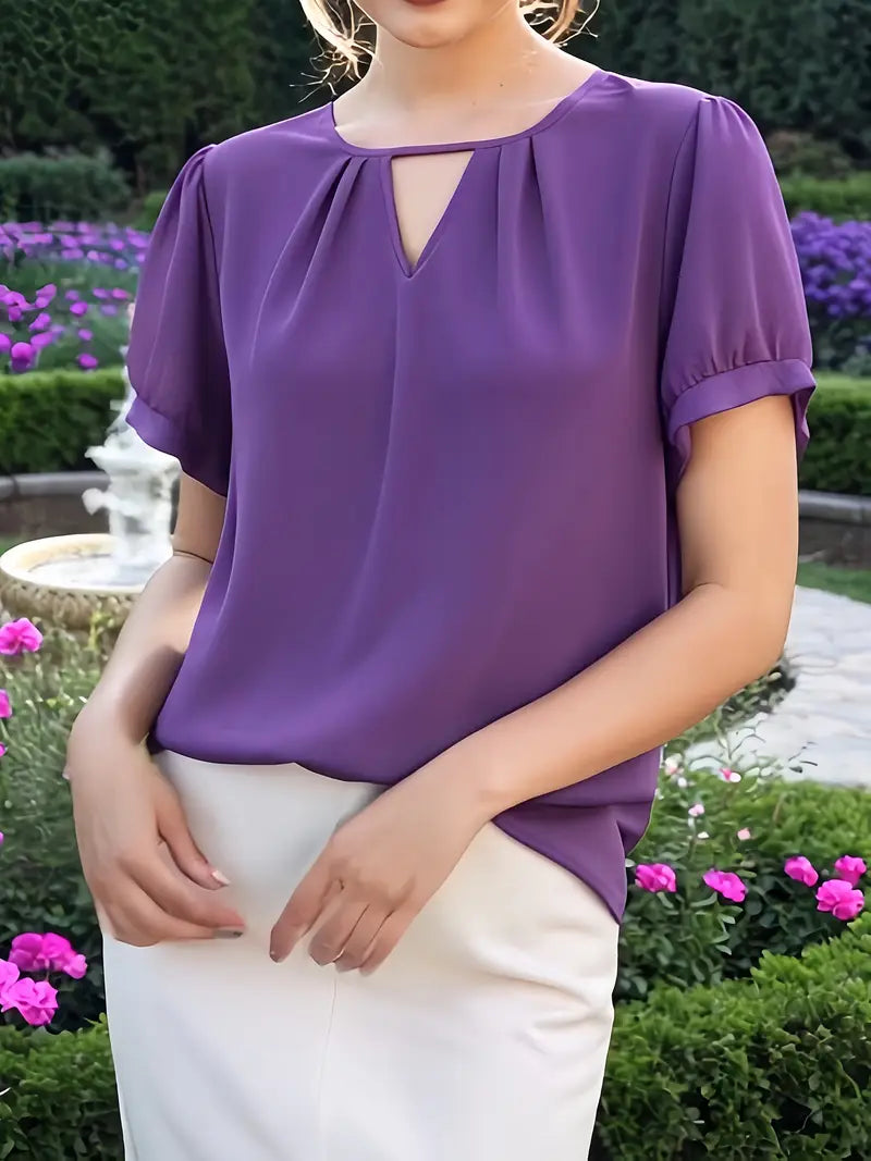 NISWA STYLE Women’s V-Neck Blouse, Loose Fit Short Sleeve Top With Glossy Fabric, Vintage Style