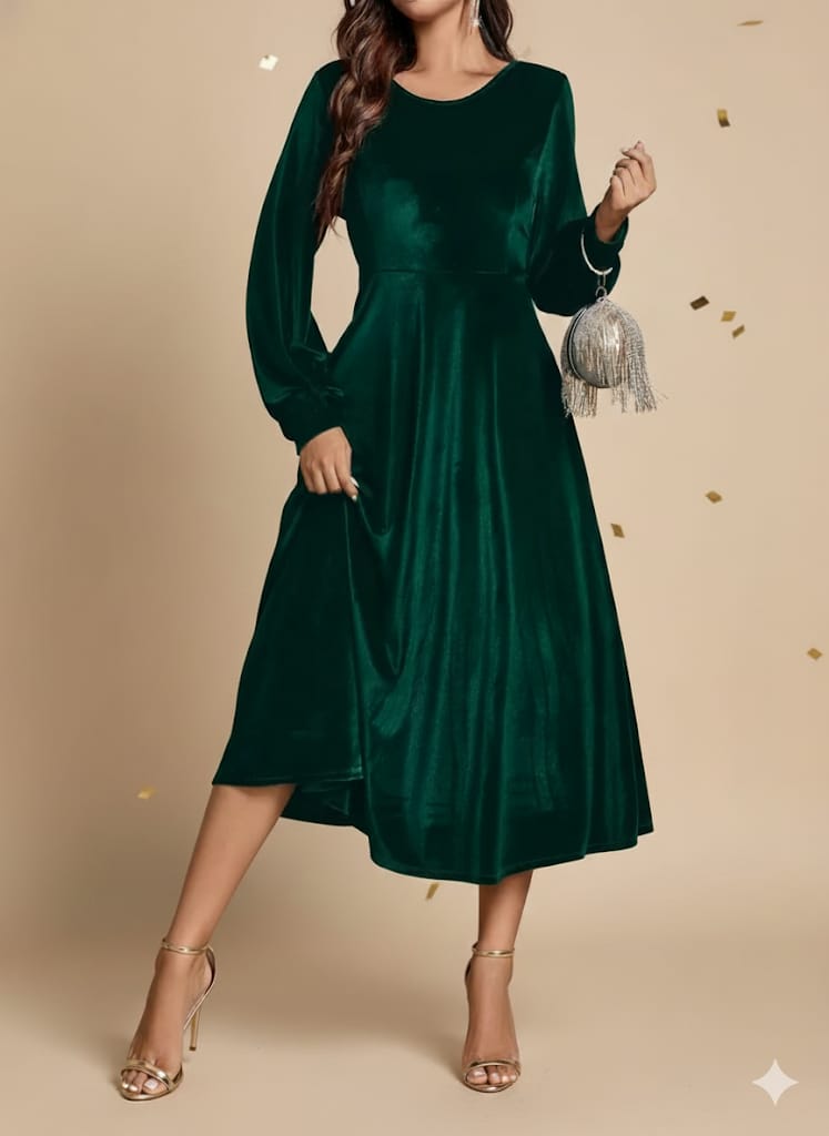 Women’s Green Elegant Fitted Dress – Long Sleeve A-Line Gown | Formal Evening & Party Wear | Round Neck | Elegant Outfit
