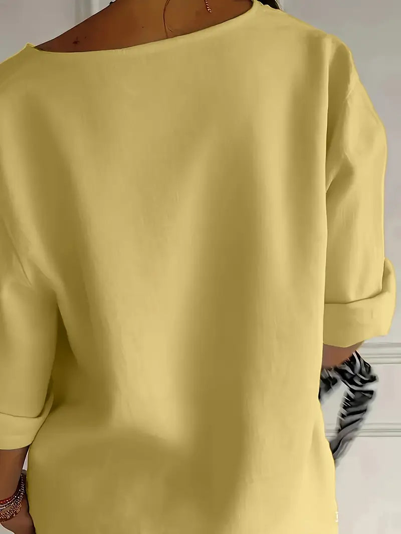 Classy Loose-Fit Blouse, Round Neck Short Sleeve Top With Decorative Button Details, Relaxed Fit, Everyday & Leisure Outfits