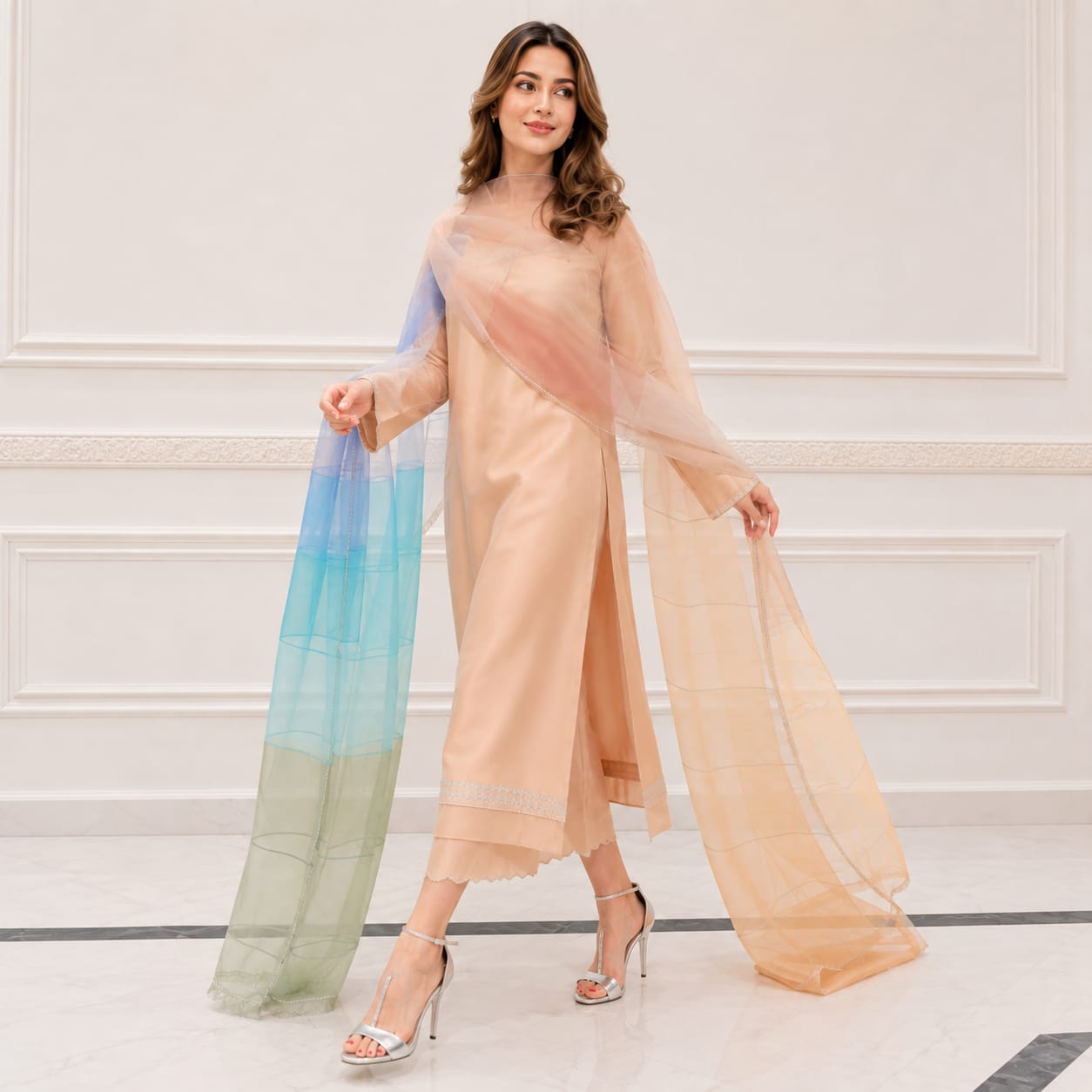 Pastel Baby Pink Luxury Pret Suit With Rainbow Ombre Dupatta