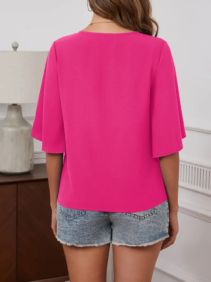 Elegant Blouse –  V-Neck Top With Bell Sleeves And Decorative Buttons For Casual Or Dressy Outfits