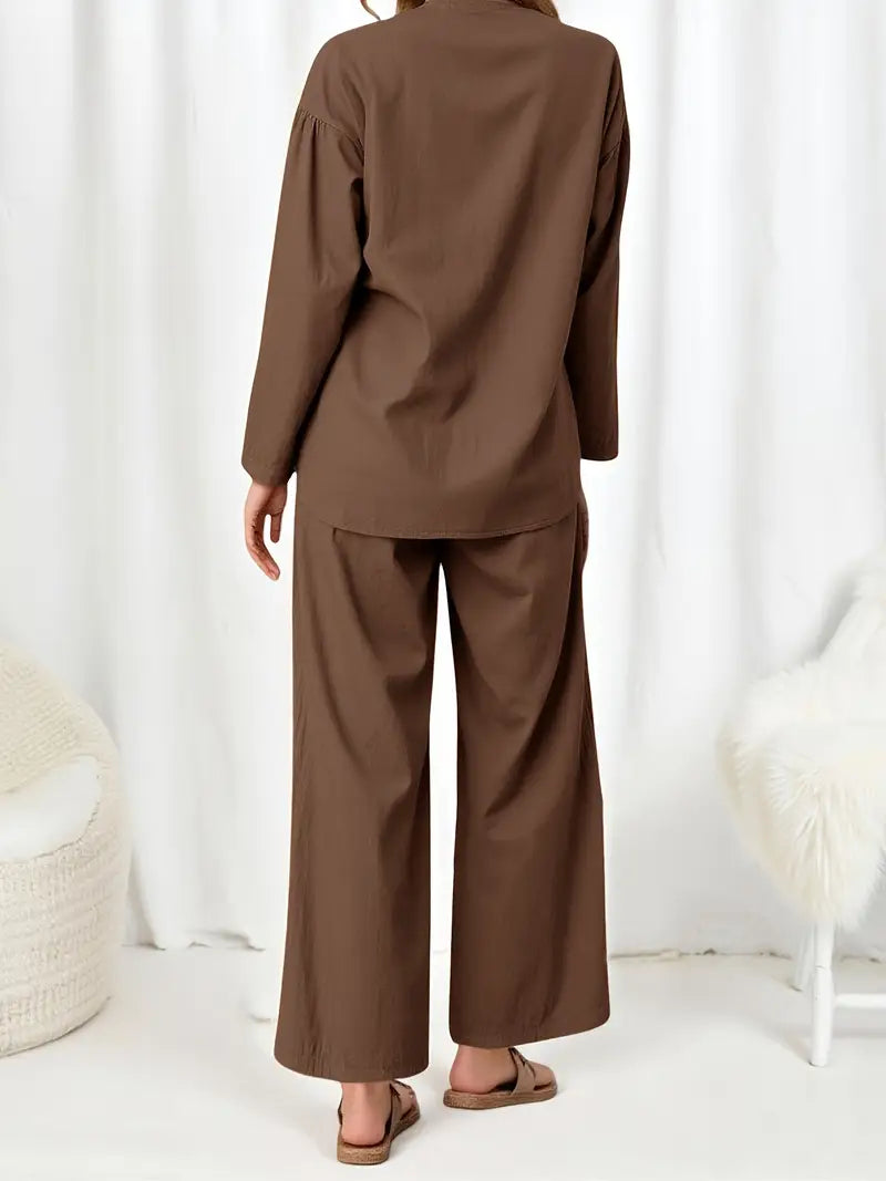 Women’s Elegant Two-Piece Set – Loose-Fit Long Sleeve Button-Up Top & High-Waist Wide-Leg Pants | Flowy Outfit For Casual To Semi-Formal Wear