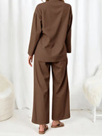 Women’s Elegant Two-Piece Set – Loose-Fit Long Sleeve Button-Up Top & High-Waist Wide-Leg Pants | Flowy Outfit For Casual To Semi-Formal Wear