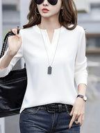 NISWA STYLE Elegant Women’s Blouse, Solid Color Long Sleeve V-Neck Shirt, Flowy Button-Up Formal Outfits