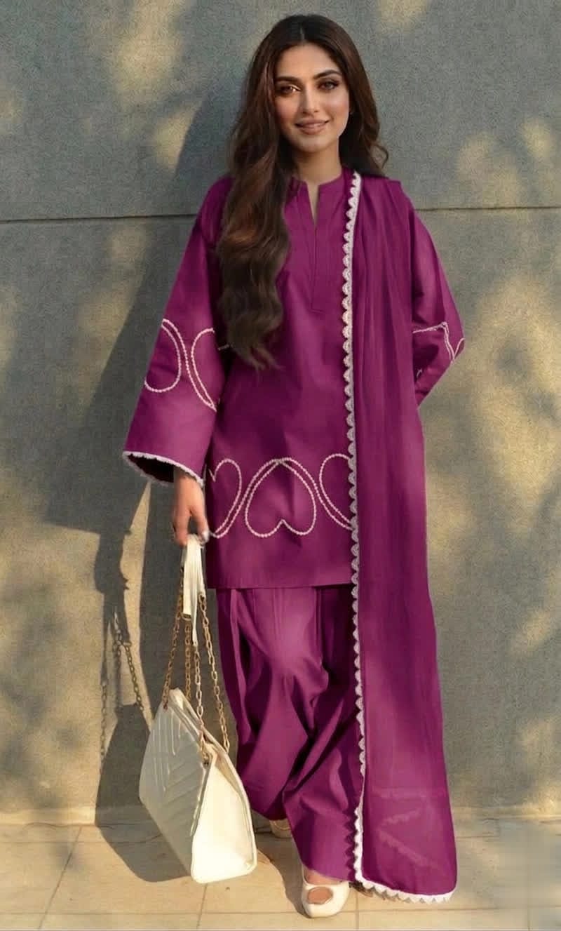 Heart Bloom Cotton Silk Short Kurta With Farshi Shalwar & Chiffon Dupatta.