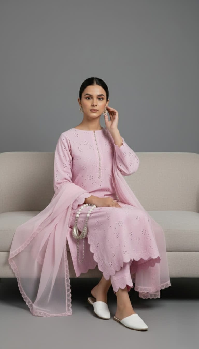 Premium Chikankari Salwar Kameez –  Long Shirt With Scallop Border, Cotton Trouser & Elegant Dupatta - New Light-Shade Collection For Women