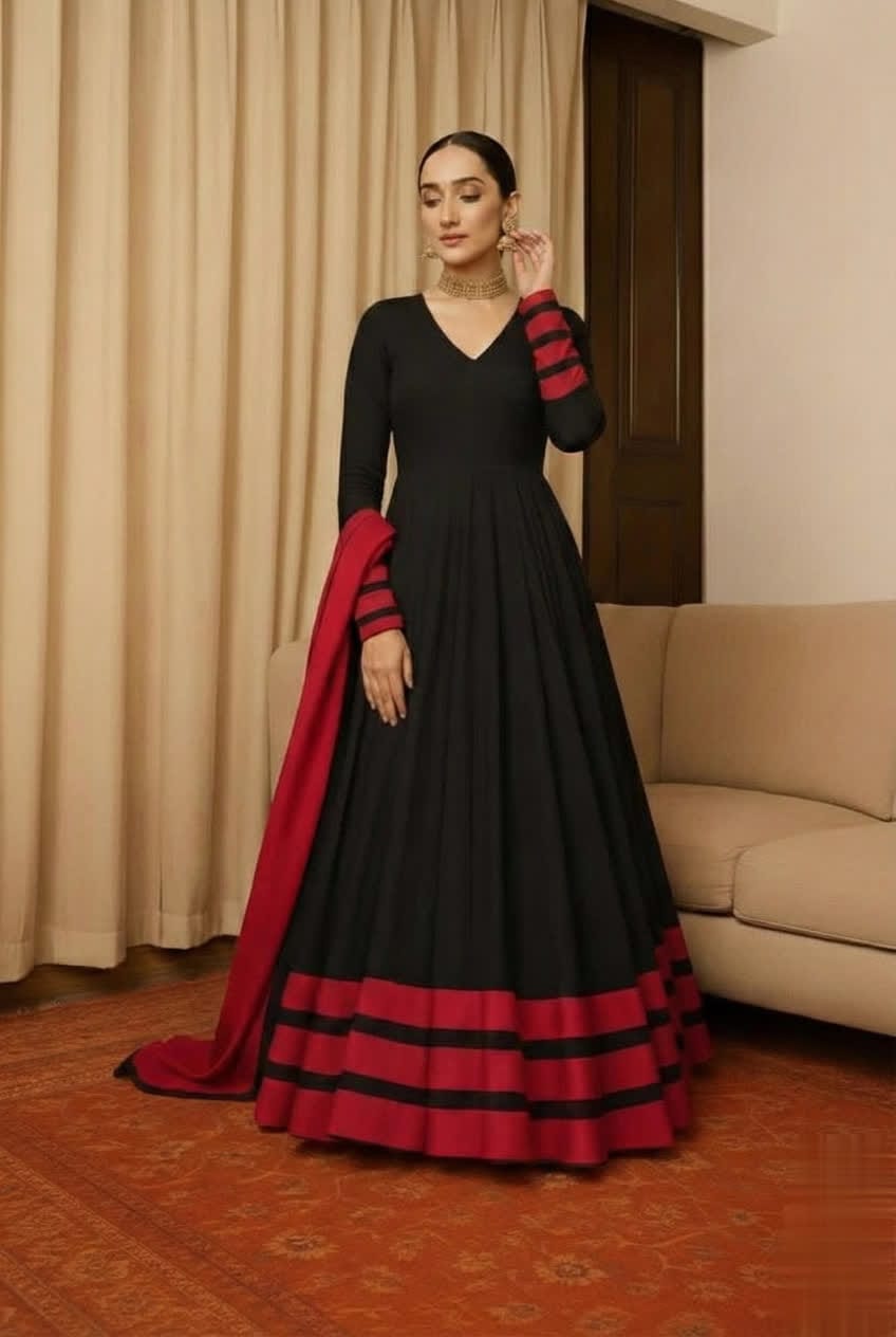 Peach & Red Anarkali Set For Women – Full Flare Long Gown With Contrast Border & Matching Dupatta - Elegant Traditional Outfit With Different Shades.