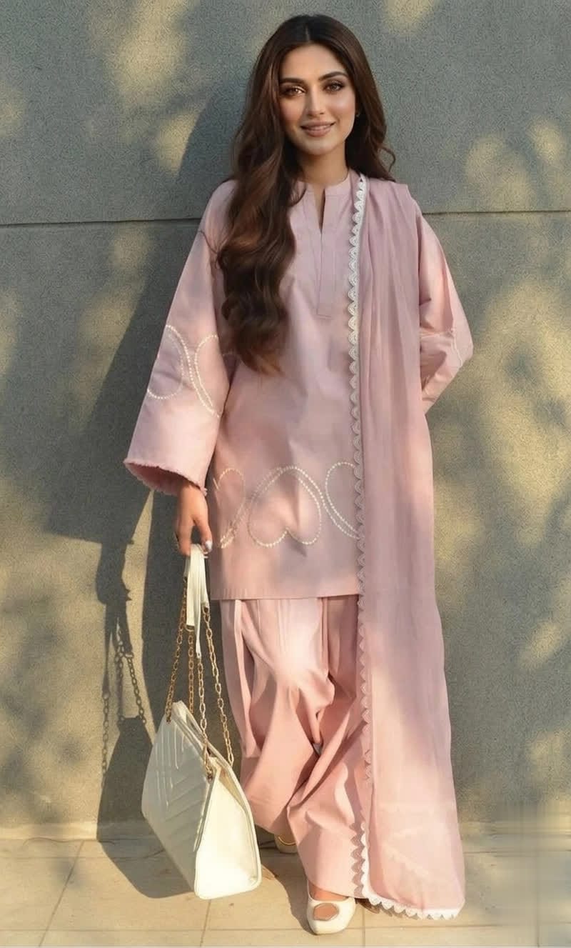 Heart Bloom Cotton Silk Short Kurta With Farshi Shalwar & Chiffon Dupatta.