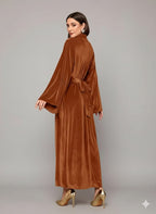 Elegant Full-Length Velvet Maxi Dress For Women, Long Sleeve Gown With Belt, Zipper Back And Tie Detail  Formal Evening Dress