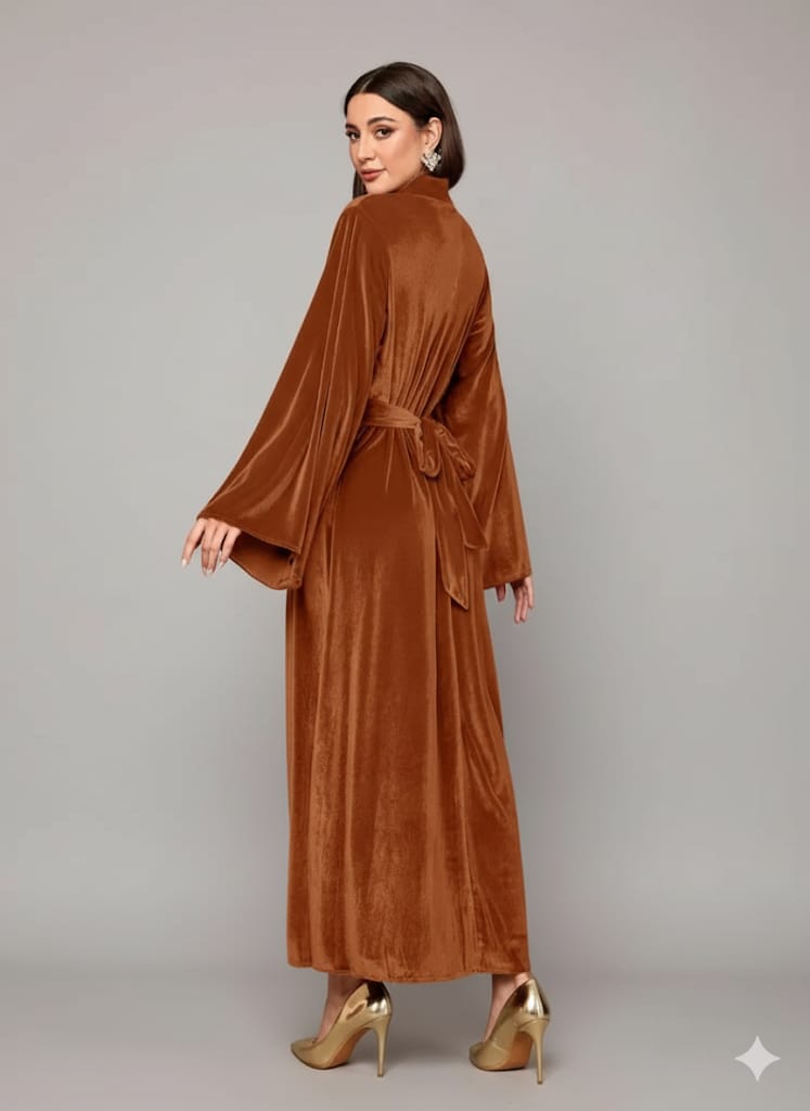 Elegant Full-Length Velvet Maxi Dress For Women, Long Sleeve Gown With Belt, Zipper Back And Tie Detail  Formal Evening Dress