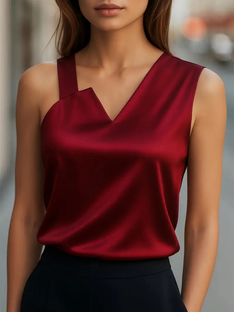 V-Neck Sleeveless Blouse, Satin Finish, All-Season Top For Work & Casual Outfits, Stylish Women’s Clothing