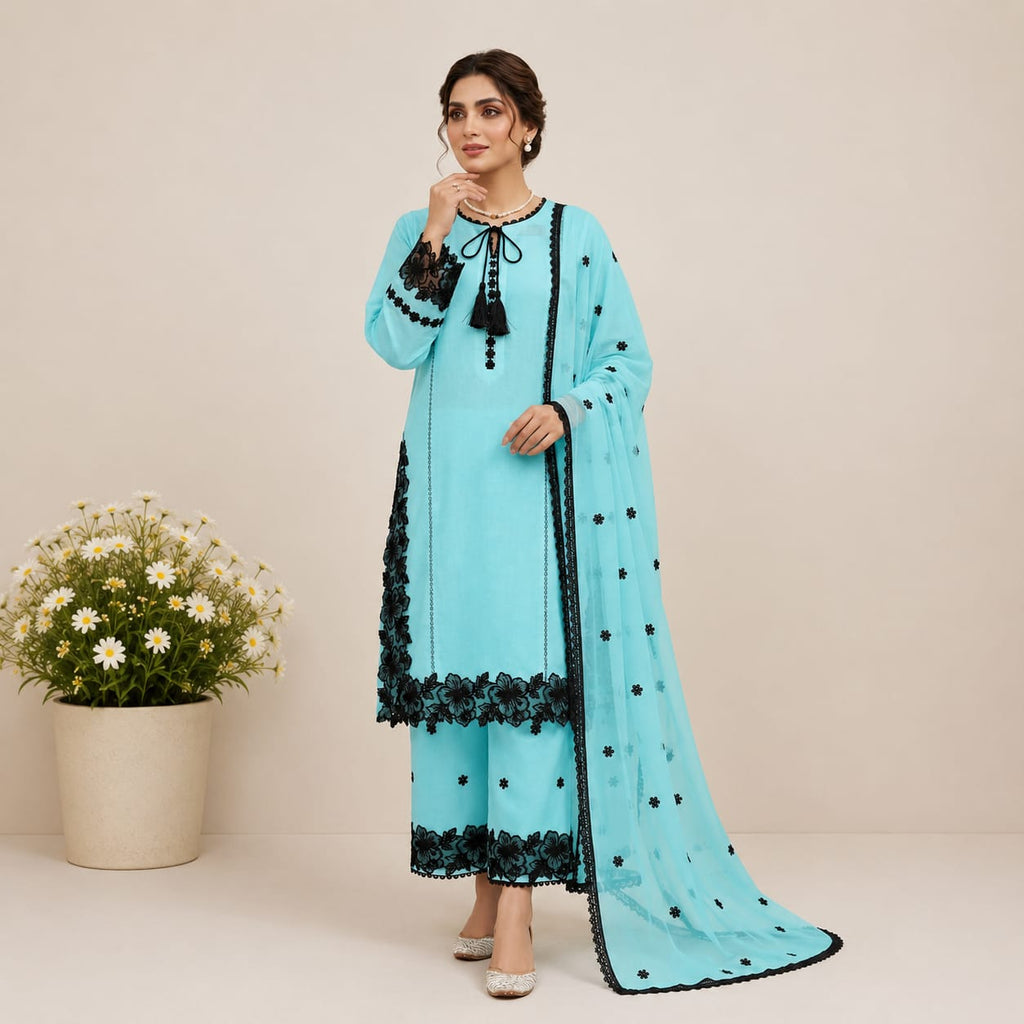 Timeless Monochrome White Straight Kurta With Black Floral Cutwork