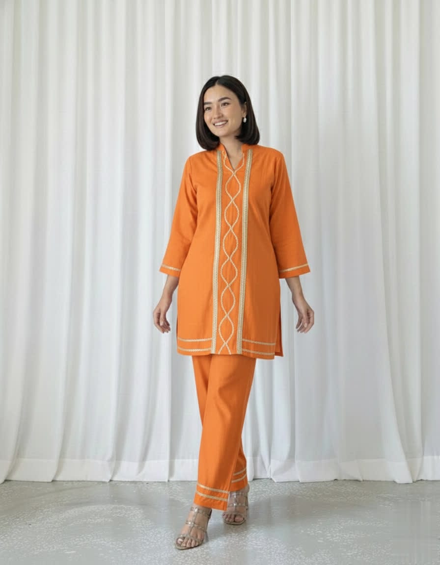 Cotton Slub Kurti Palazzo Set – Soft Co-Ord With Elegant Lace Detailing - Comfortable Daily Wear Kurta & Palazzo For Women