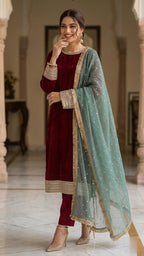 Maroon Armani Silk Three Piece Suit With Pistachio Green Dupatta.