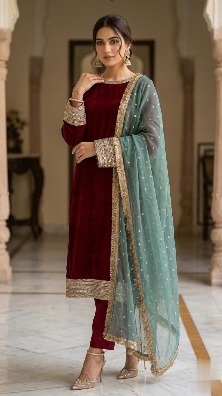 Maroon Armani Silk Three Piece Suit With Pistachio Green Dupatta.