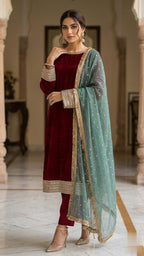 Maroon Armani Silk Three Piece Suit With Pistachio Green Dupatta.