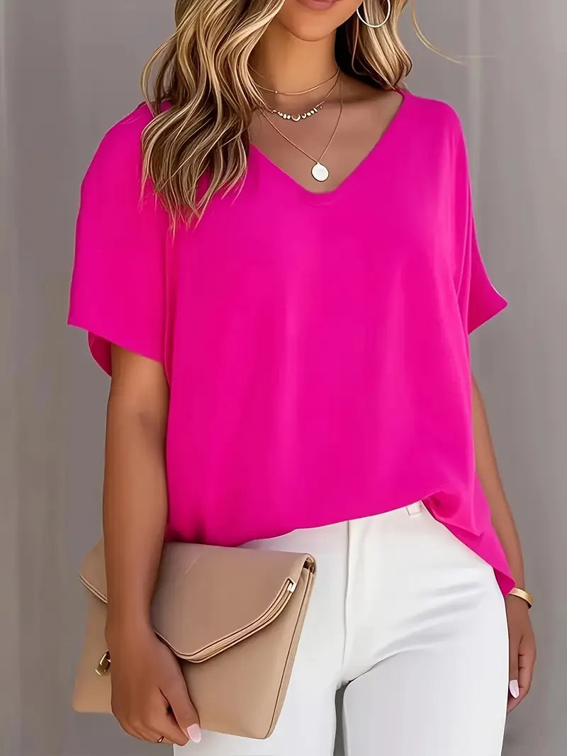 Elegant V-Neck Short Sleeve Blouse, Neckline Shirt With Glossy Finish, Breathable Top For Office And Casual Outings