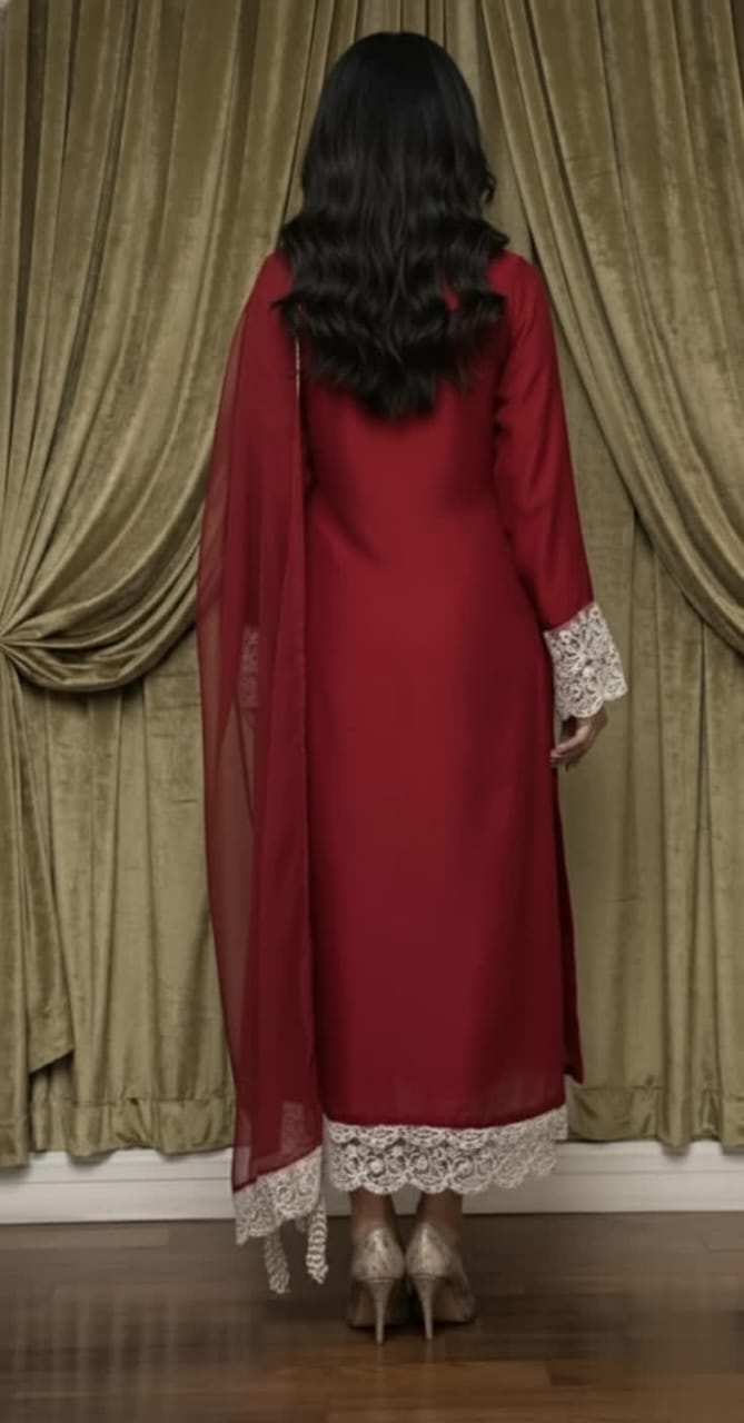 Premium Red Raw Silk Formal Wear Set - Handcrafted Pearl Lace Shirt - Elegant Drapes Organza Dupatta